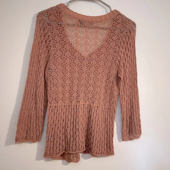 Peruvian Connection light dusty rose eyelet knit cardigan spring bday crochet - Picture 5 of 5